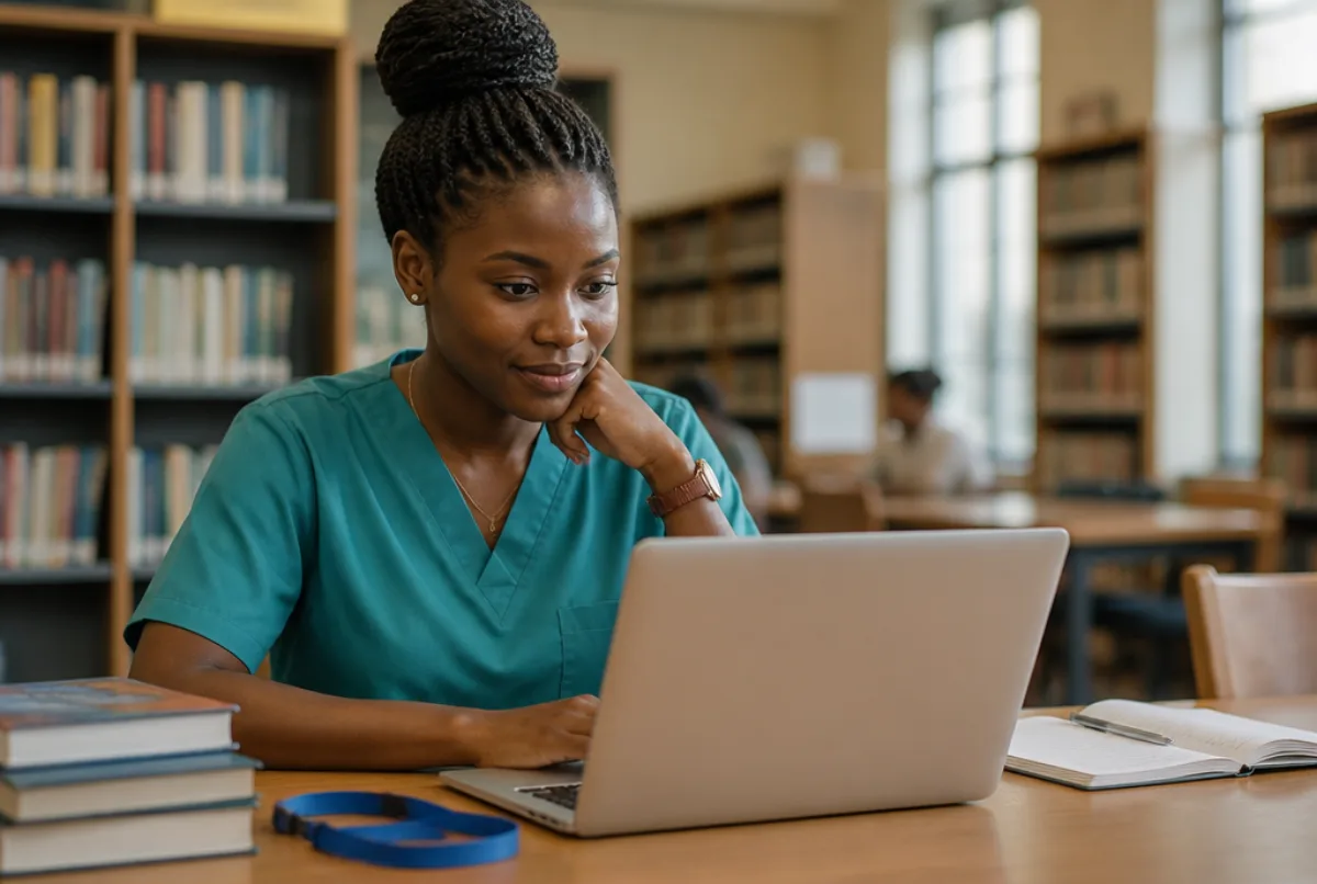 Illustrative scene: a hopeful Kenyan nurse applying online on a laptop in a library, an NHS-style blue lanyard on the desk