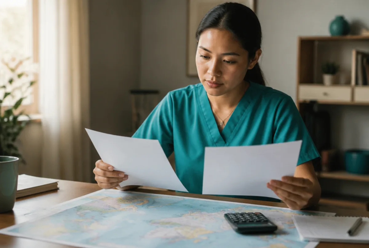 Illustrative scene: a Filipino nurse comparing two printed job offer letters side by side on a table with a calculator and a world map