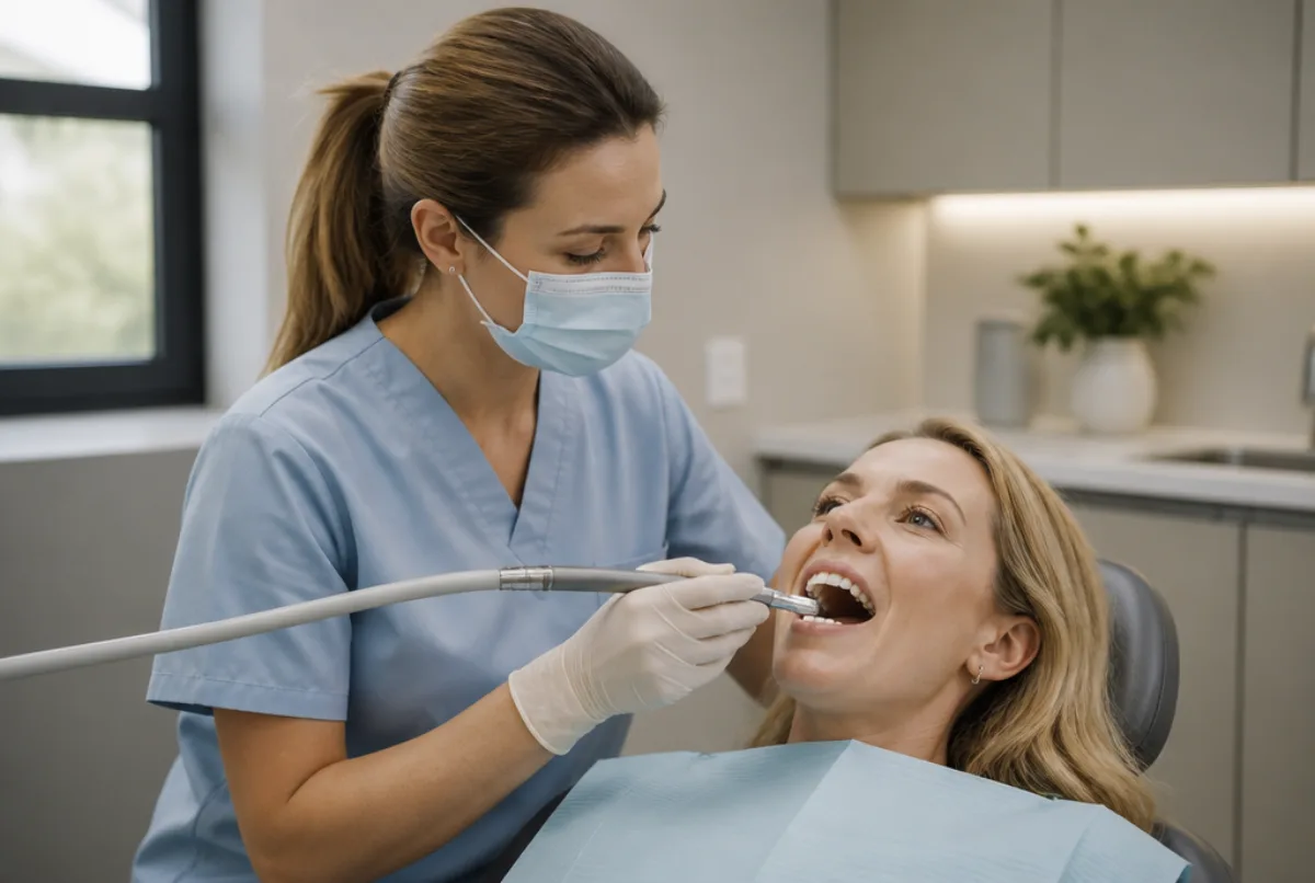 Illustrative scene: a dental hygienist in pale blue scrubs polishing a patient's teeth in a calm modern British dental surgery