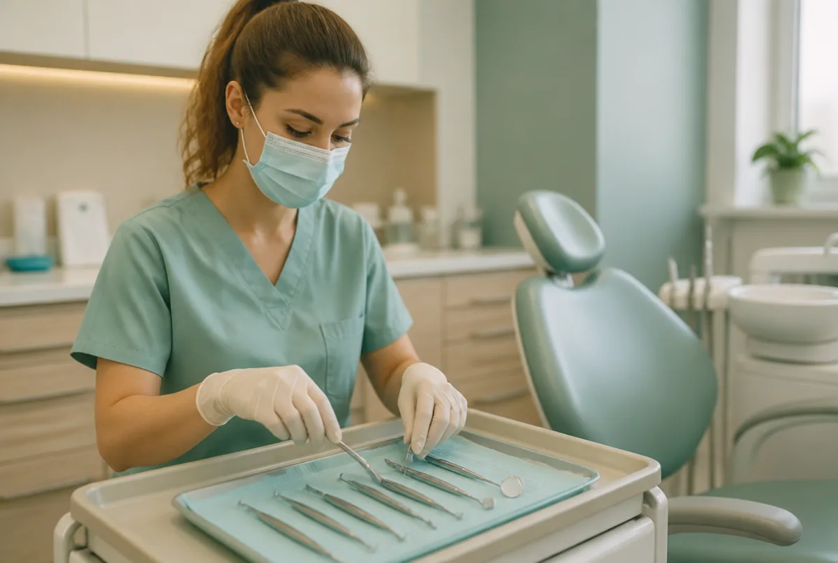 Illustrative scene: a young dental nurse preparing sterilised instruments on a tray beside a dental chair