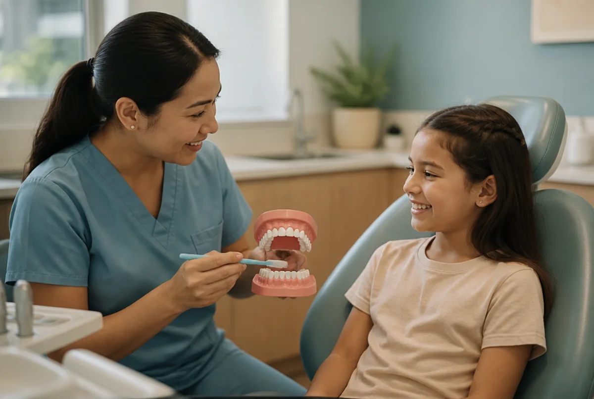 Illustrative scene: a dental therapist explaining oral hygiene to a smiling child patient using a model of teeth