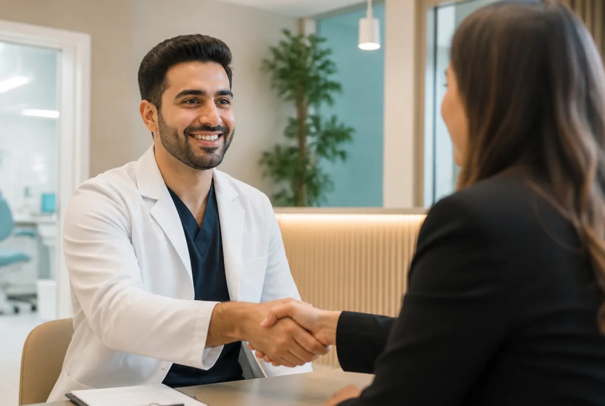 Illustrative scene: a confident Middle Eastern dentist in a white coat shaking hands with a practice manager at an interview in a bright surgery reception