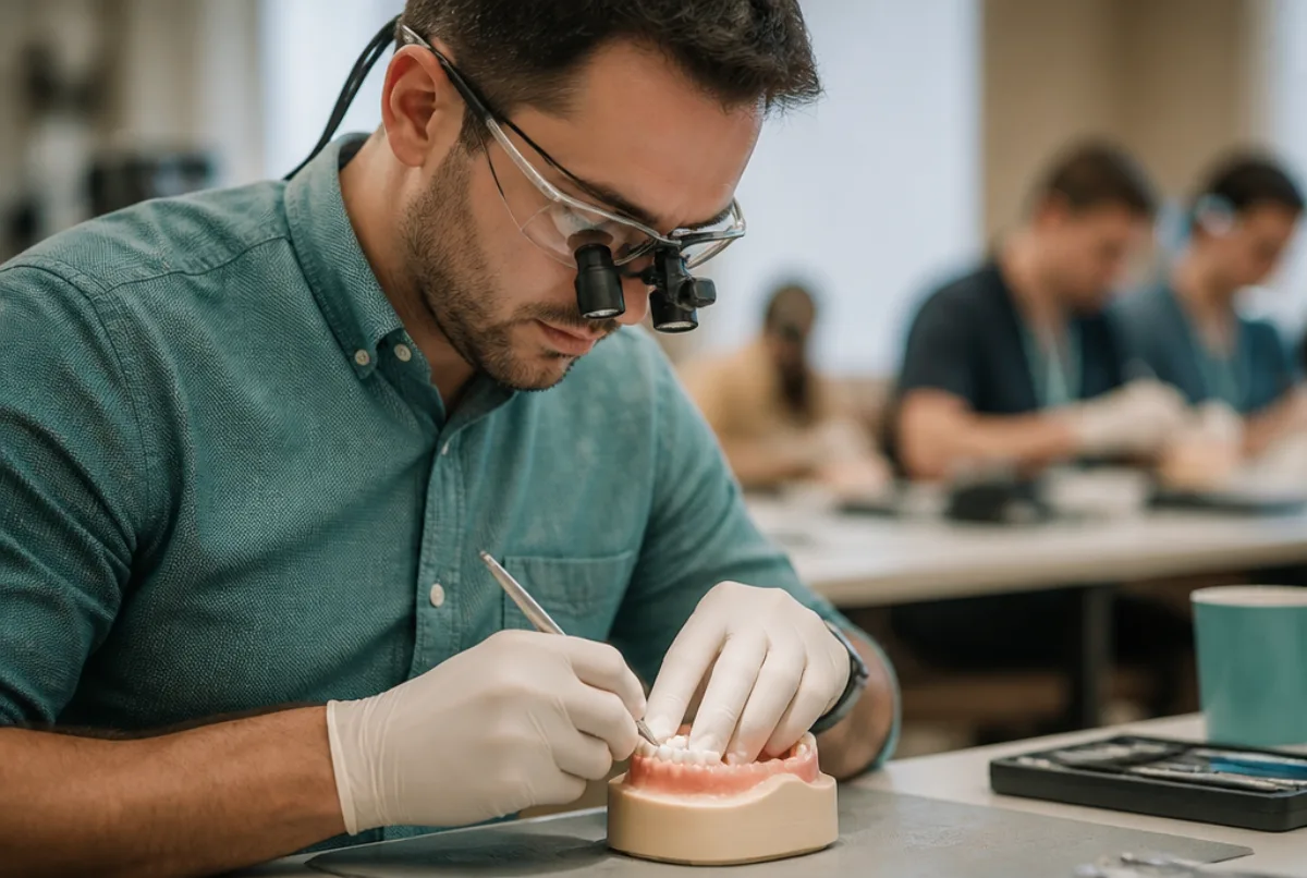 Illustrative scene: a dentist attending a hands-on continuing education workshop, practising on a training model with magnifying loupes