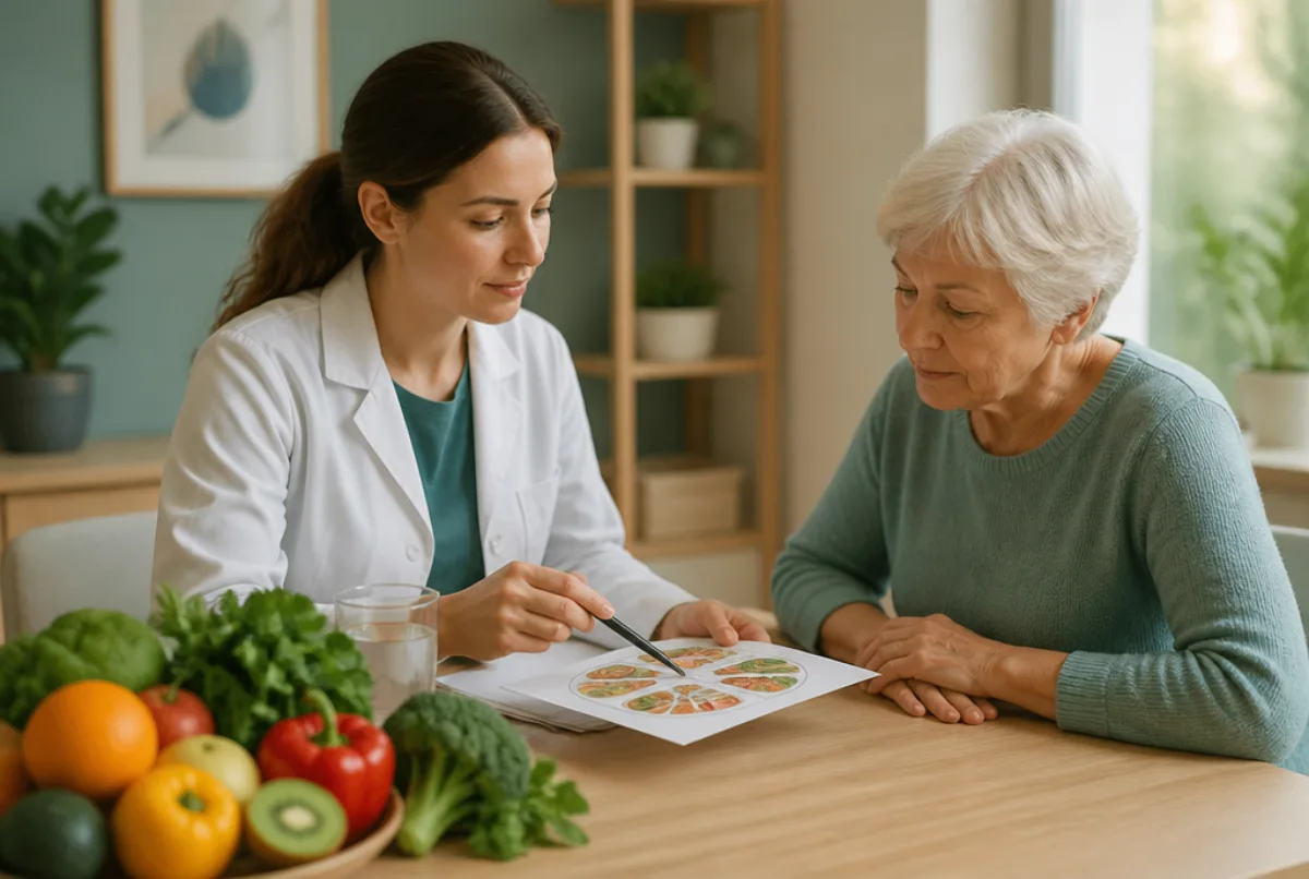 Illustrative scene: a dietitian discussing a healthy meal plan with an elderly patient, colourful fruit and vegetables on the table