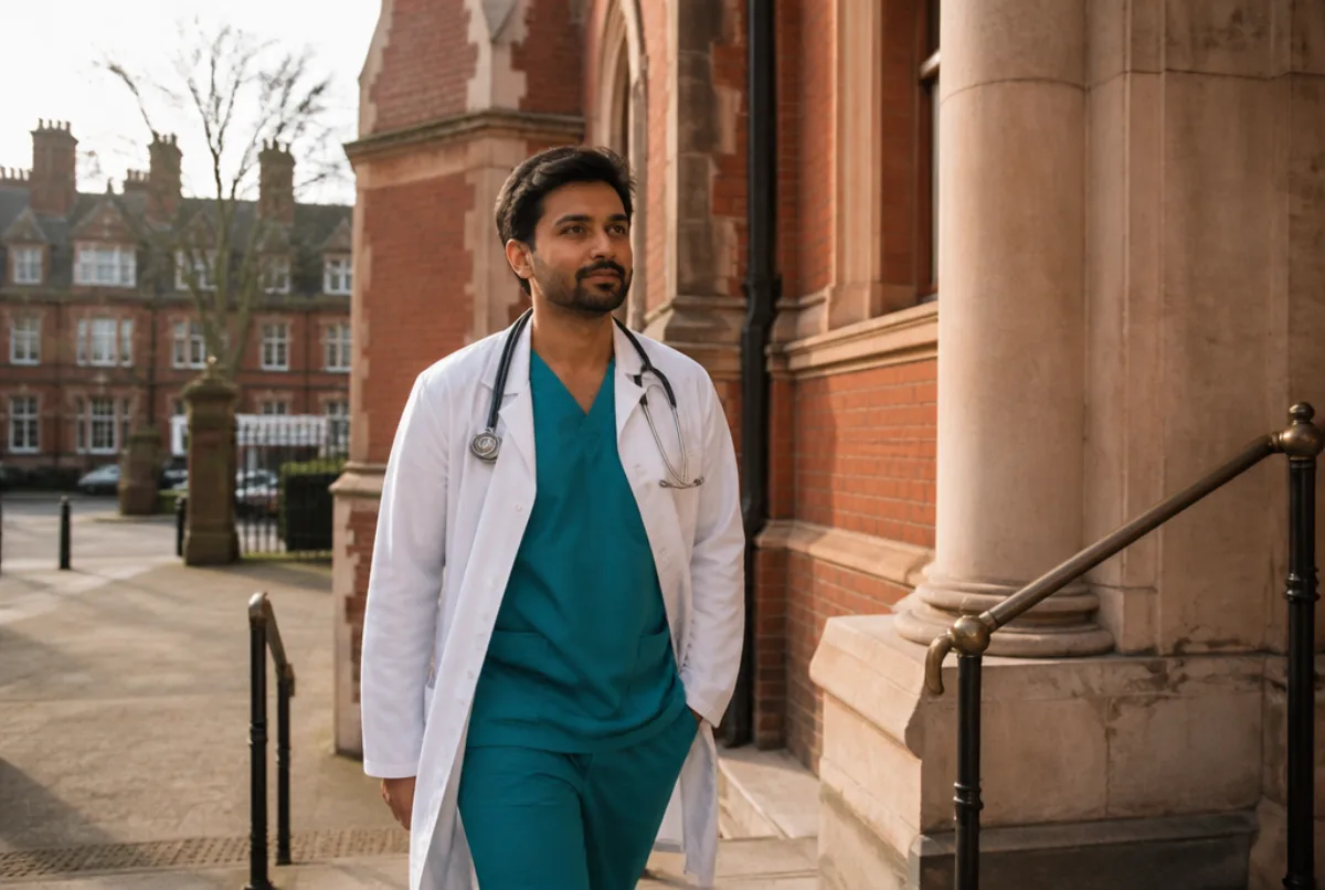 Illustrative scene: a Pakistani male doctor walking up the steps of a red-brick British hospital entrance in morning light, stethoscope around his neck