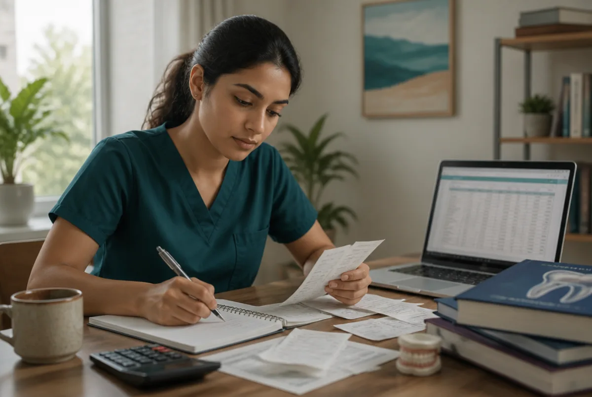 Illustrative scene: a dental graduate at a desk planning finances with a notebook, receipts and a laptop showing a spreadsheet, dental textbooks stacked nearby