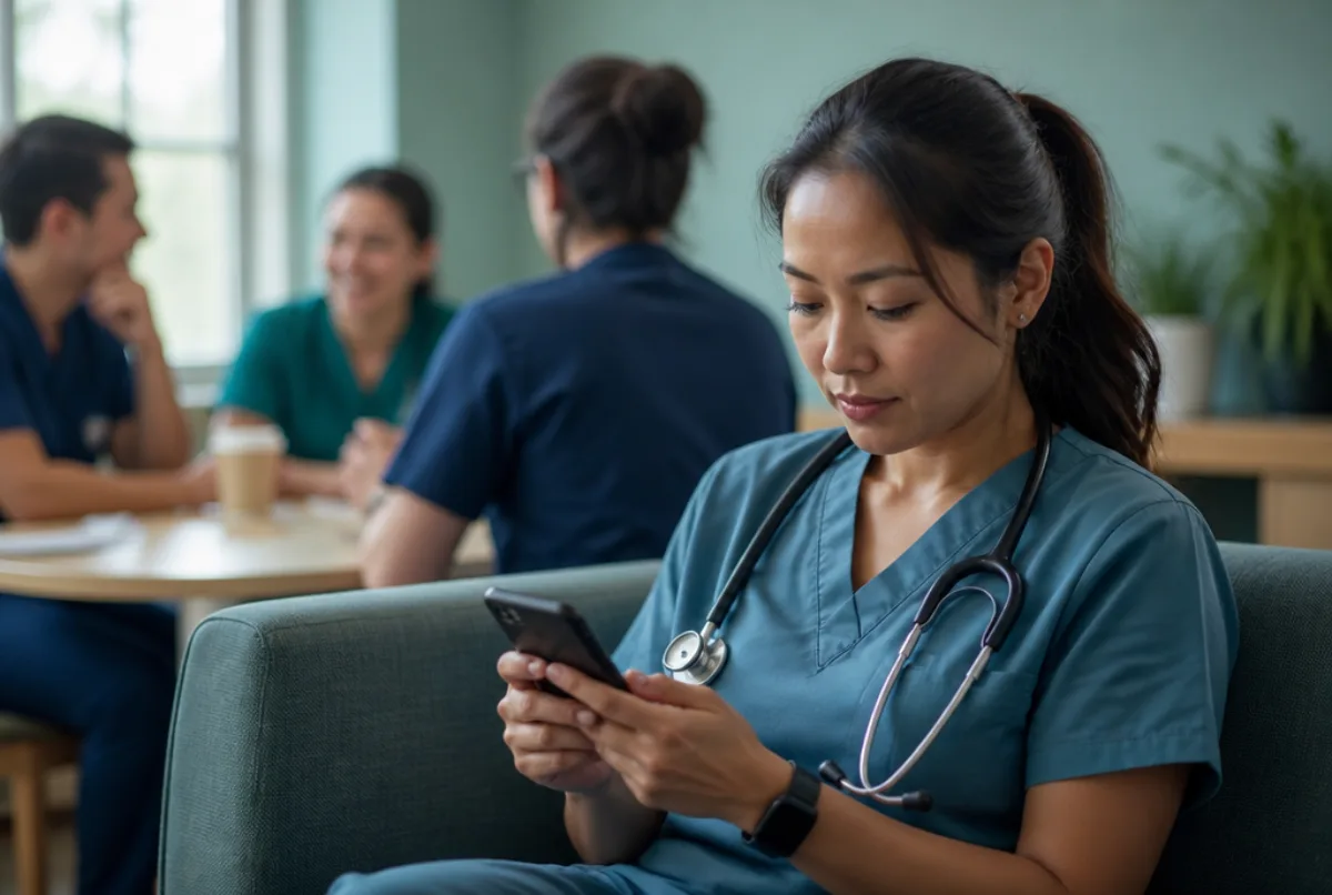 Illustrative scene: a nurse scrolling through job listings on a phone in a hospital staff room, colleagues chatting in the background