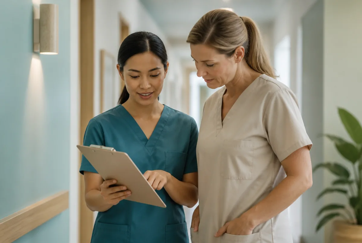 Illustrative scene: a dental therapist and hygienist reviewing a registration checklist together on a clipboard in a dental clinic corridor