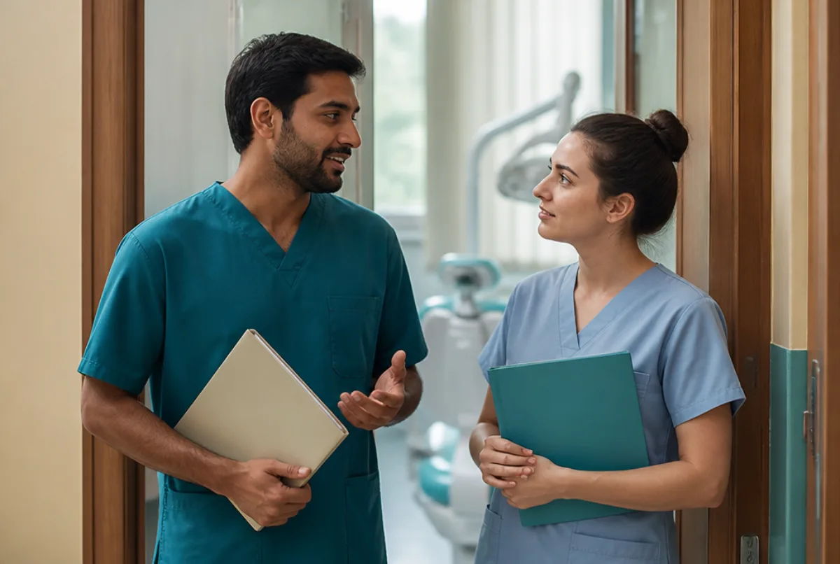 Illustrative scene: a dentist and a dental nurse standing side by side at a surgery doorway, each holding different document folders, talking about their paths