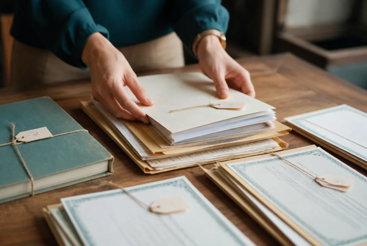 Illustrative scene: a close-up of hands arranging labelled evidence documents, certificates and a logbook into neat piles on a wooden desk