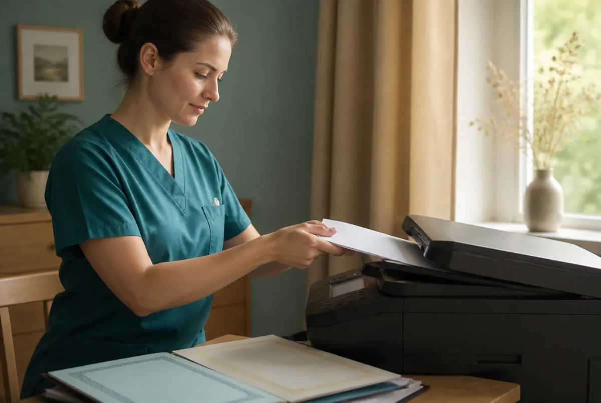 Illustrative scene: a dental nurse scanning documents at a home printer, a folder of training certificates open beside it