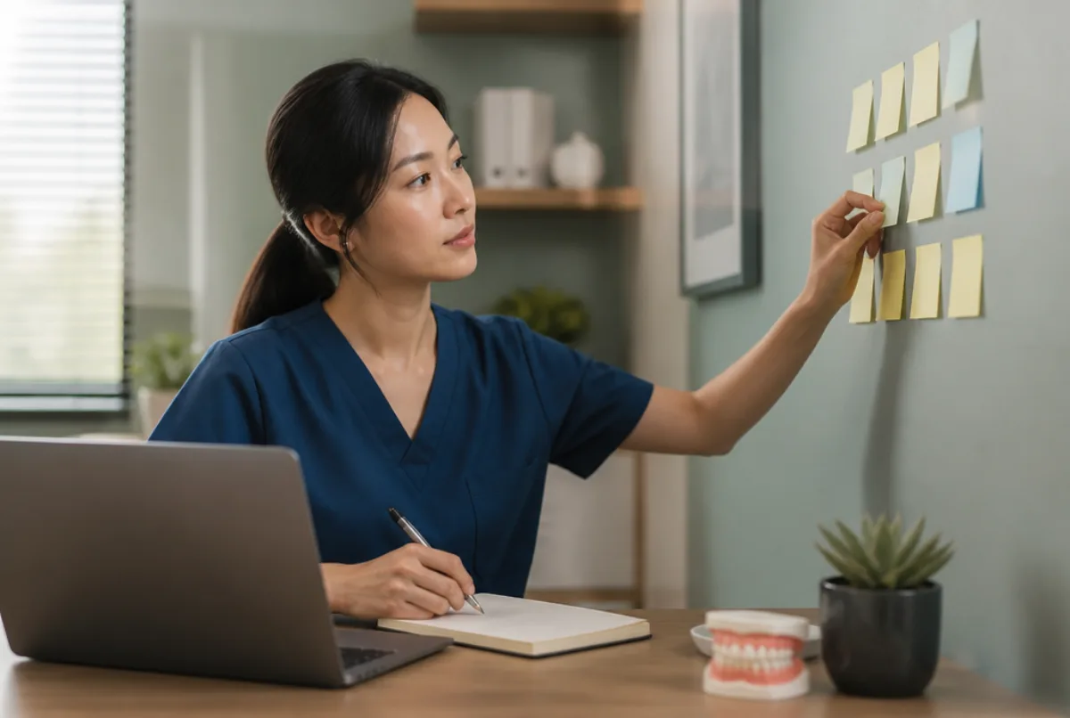 Illustrative scene: an East Asian female dentist at a desk with a laptop and a notepad, mapping next steps on sticky notes on the wall