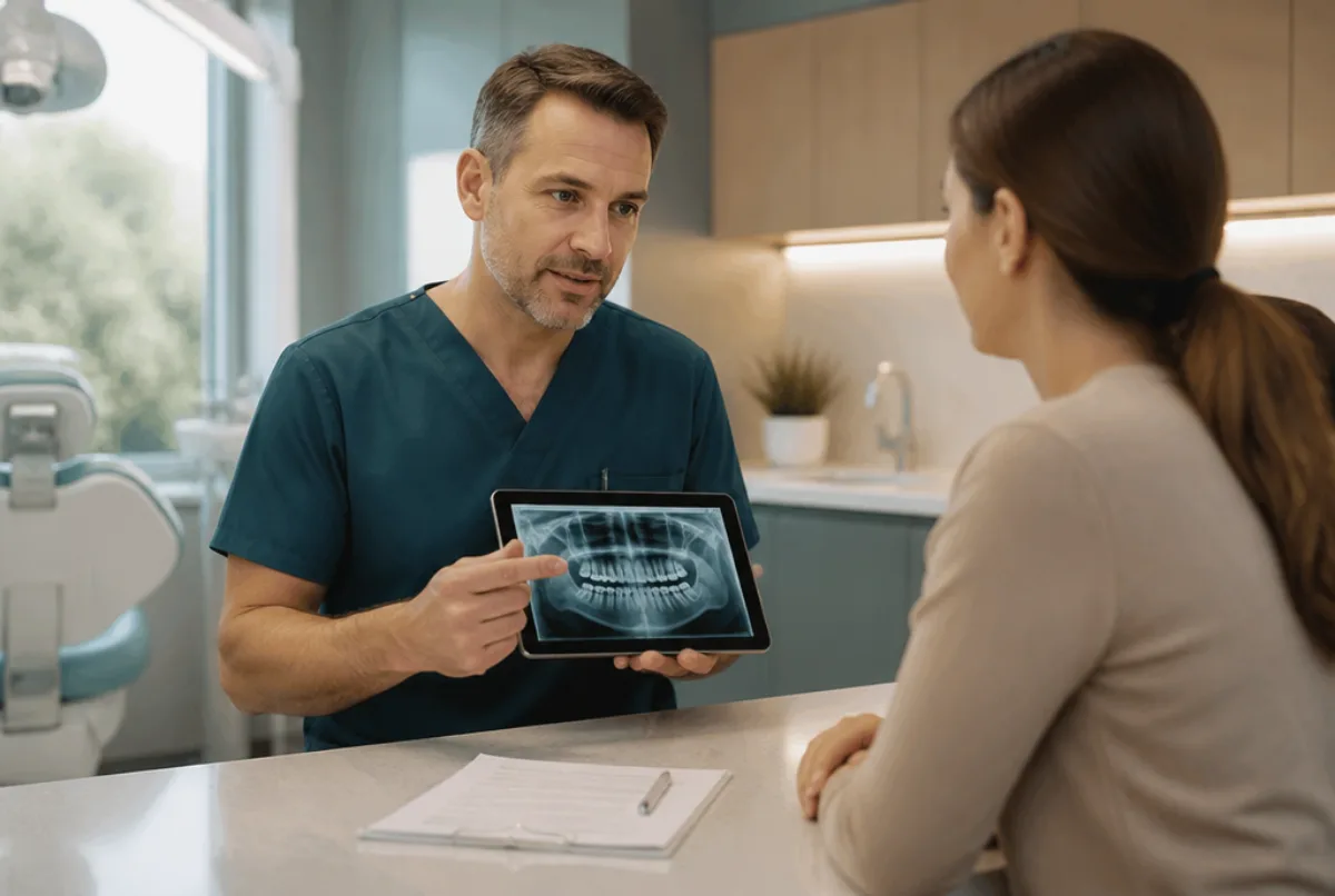 Illustrative scene: a dentist explaining a treatment plan to an attentive patient using a tablet showing a dental X-ray, consent form on the counter