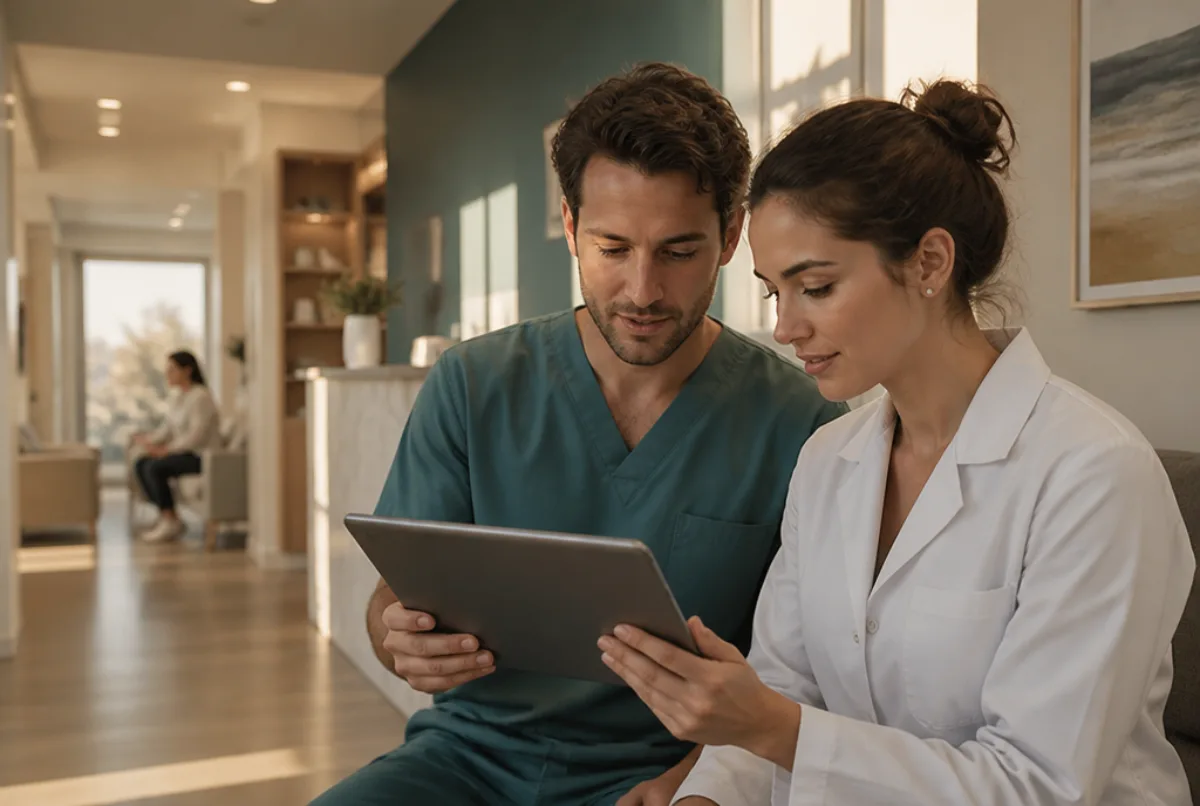 Illustrative scene: a man and woman dental professionals looking at a large tablet together in a clinic waiting area, warm late-afternoon light