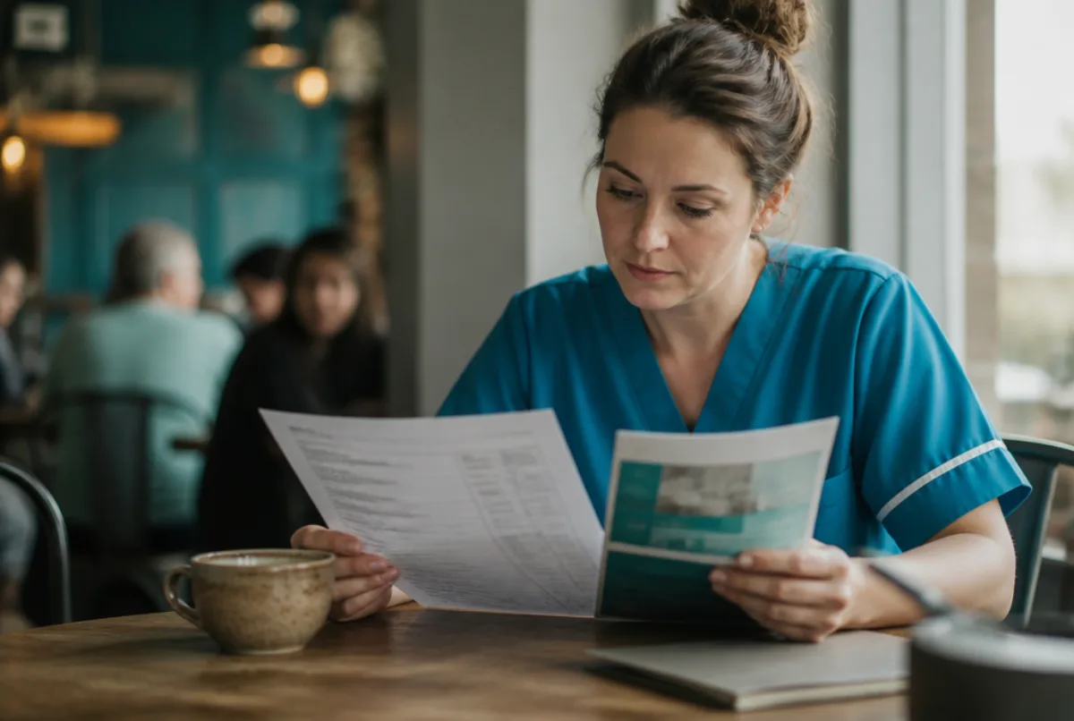 Illustrative scene: a nurse reviewing a payslip and benefits leaflet at a cafe table, coffee cup beside her