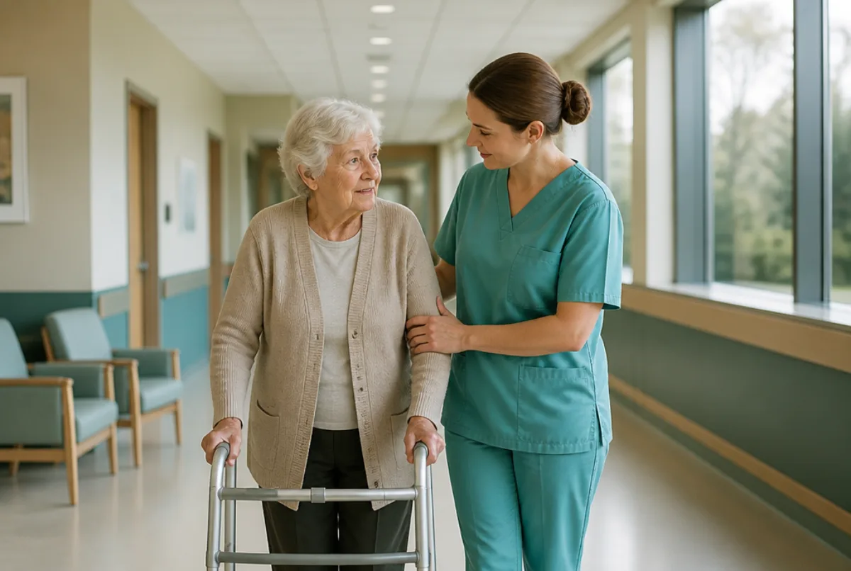 Illustrative scene: a healthcare assistant helping an elderly patient walk with a frame along a bright ward corridor