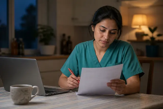 Illustrative scene: a South Asian female nurse at a kitchen table at home reviewing a printed CV with a red pen beside a laptop and a cup of tea, evening lamp light