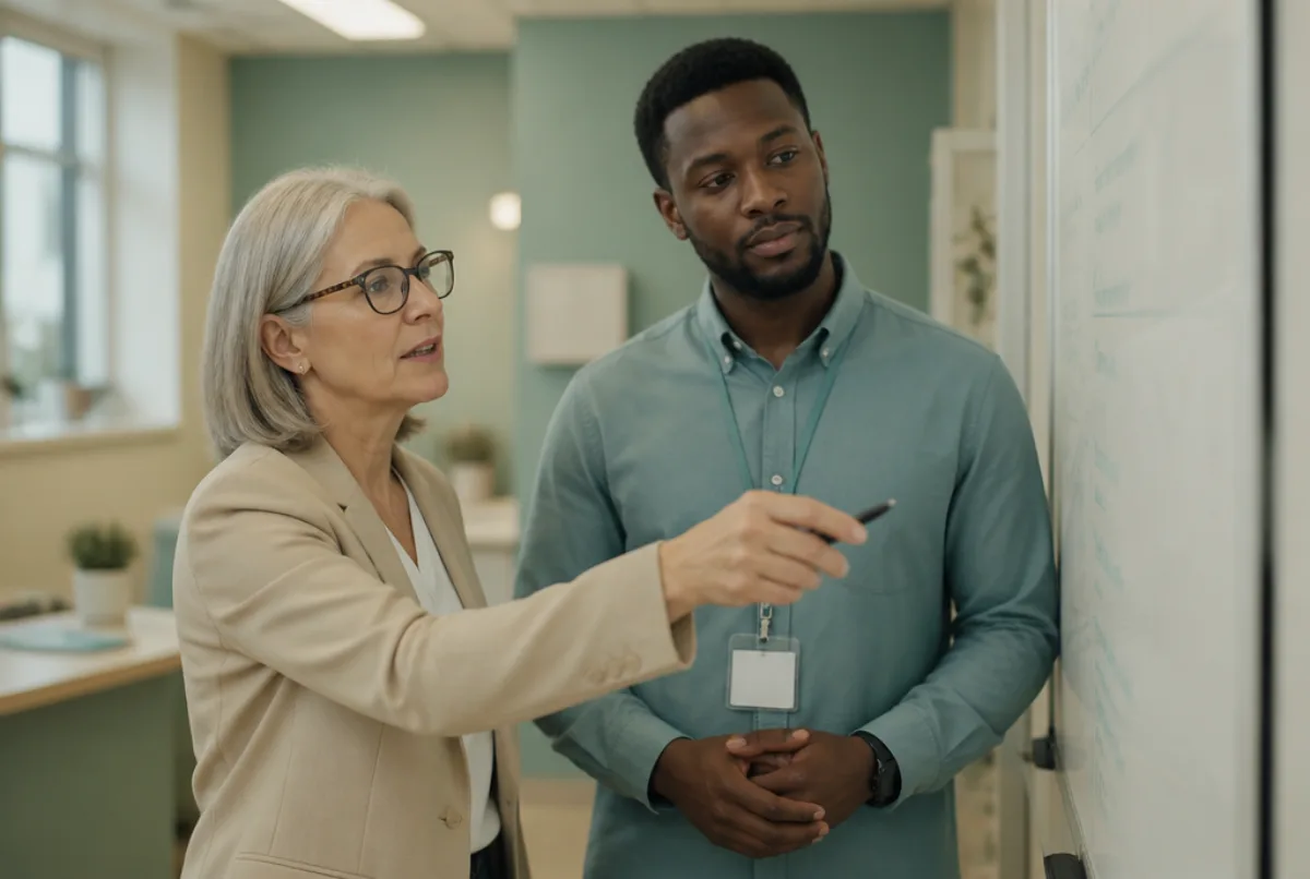 Illustrative scene: two hospital HR managers, one older white woman and one young Black man, collaborating over a whiteboard listing role requirements in a modern clinic office