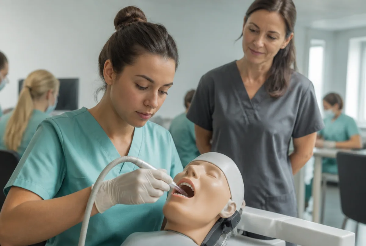 Illustrative scene: a young woman in a dental nurse training class practising with suction equipment on a manikin, instructor watching