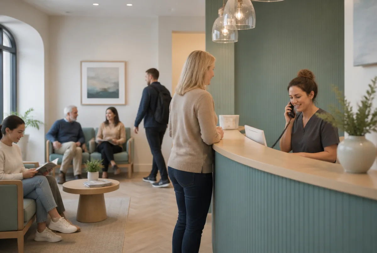 Illustrative scene: a busy friendly mixed NHS and private dental practice reception with patients waiting and a receptionist on the phone