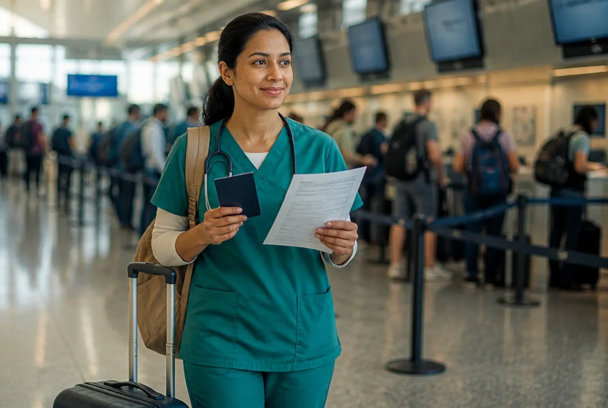 Illustrative scene: a nurse holding a passport and a visa application printout at an airport check-in queue with a wheeled suitcase
