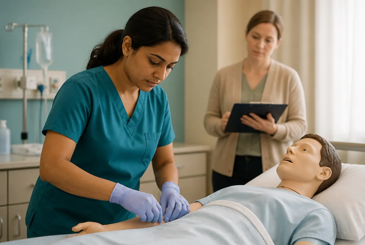 Illustrative scene: an internationally educated nurse practising a clinical skills station with a manikin while an examiner observes with a clipboard