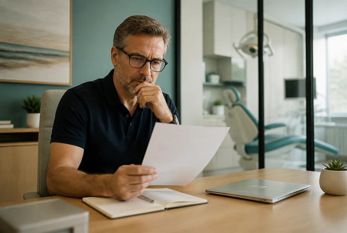 Illustrative scene: a dental practice owner reading an incentive scheme letter at a desk, looking thoughtful, dental chair visible through glass