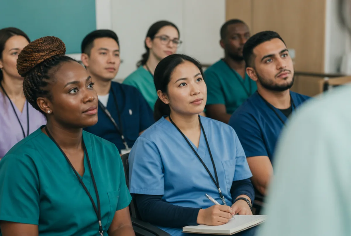 Illustrative scene: a diverse group of newly arrived international nurses and dentists in a hospital induction room listening to an orientation talk