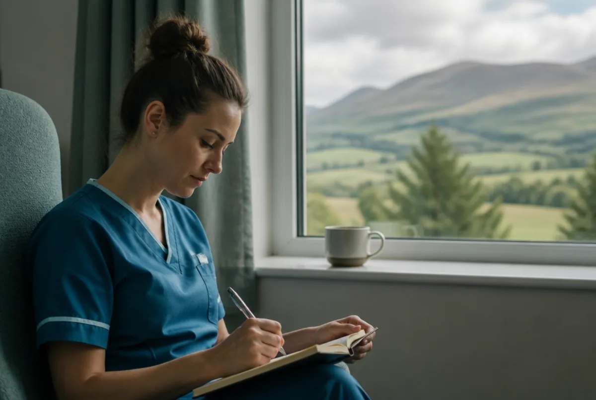Illustrative scene: a Scottish nurse writing reflections in a professional learning journal at a window overlooking green hills