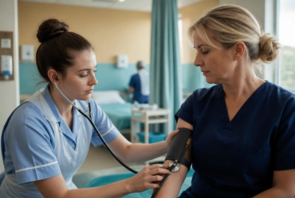 Illustrative scene: a nursing apprentice in a student uniform learning to take blood pressure from a mentor nurse on a ward