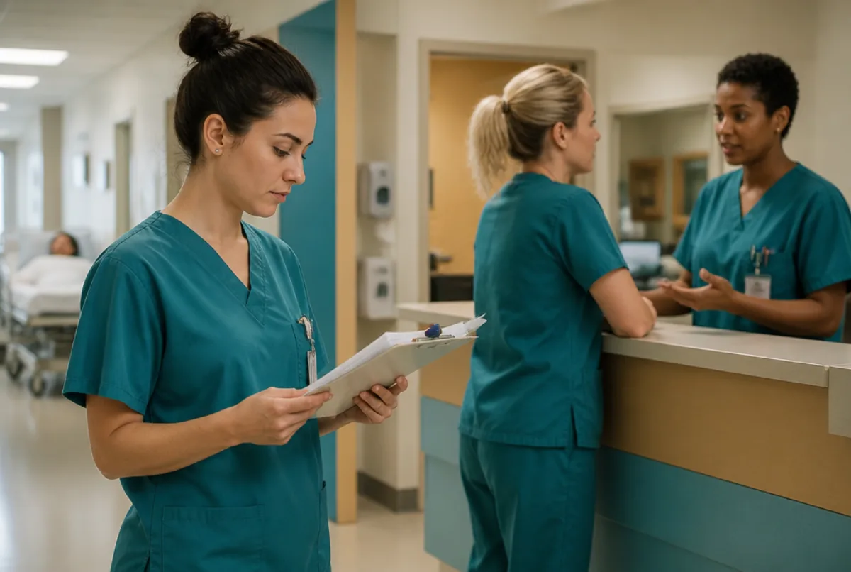 Illustrative scene: a nurse on a hospital ward checking a patient chart while a colleague hands over at the nurses' station