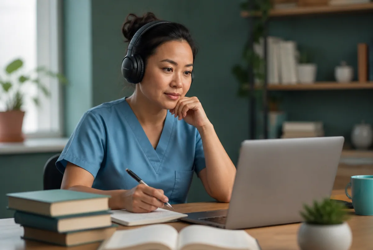 Illustrative scene: a healthcare professional wearing headphones practising English listening exercises on a laptop with OET study books