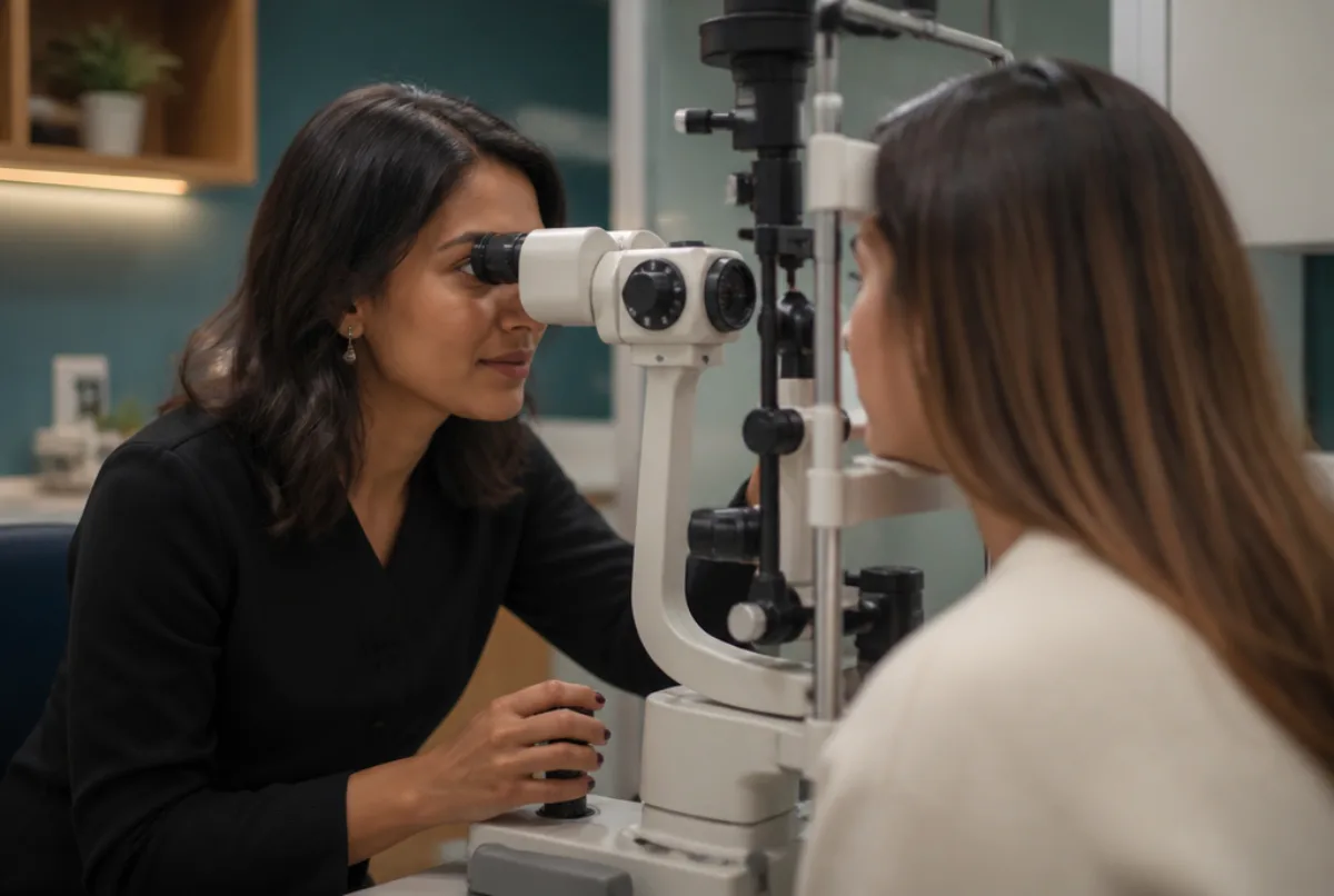 Illustrative scene: an optometrist examining a patient's eyes with a slit lamp in a modern UK optometry practice