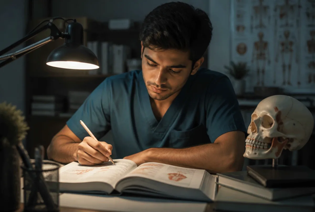 Illustrative scene: a dental graduate studying for a clinical exam at night with a dental skull model and textbooks under a desk lamp