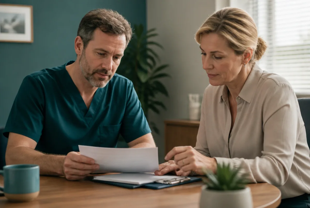 Illustrative scene: a dentist reviewing a performer list application form with a practice manager in a small office