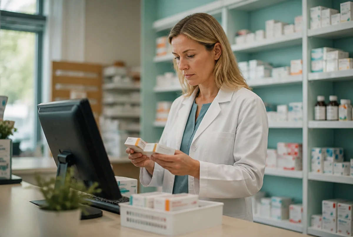 Illustrative scene: a pharmacist checking prescription medication boxes against a screen behind a community pharmacy counter