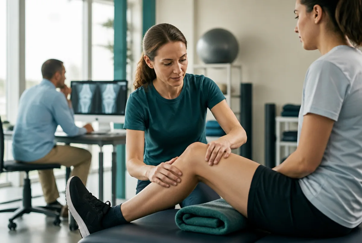Illustrative scene: a physiotherapist guiding a patient through a knee rehabilitation exercise in a light-filled gym, with a radiographer reviewing images on a screen in the background