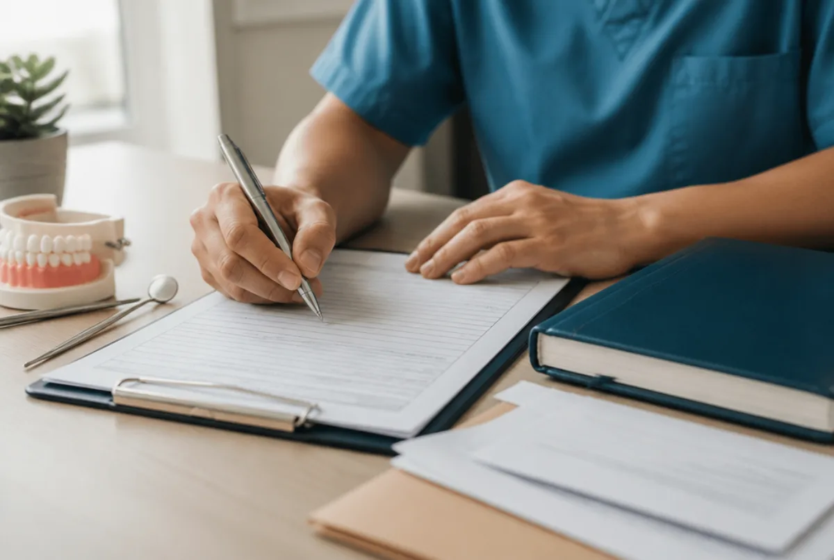 Illustrative scene: a close-up of a dentist's hands filling in an application form beside a dental logbook and reference letters