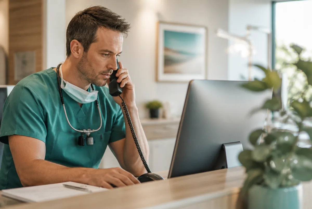 Illustrative scene: a dentist on a phone call at a practice desk, double-checking current guidance on a computer screen