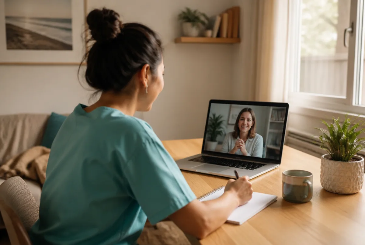 Illustrative scene: a nurse on a friendly video call with a recruiter, taking notes at a home desk