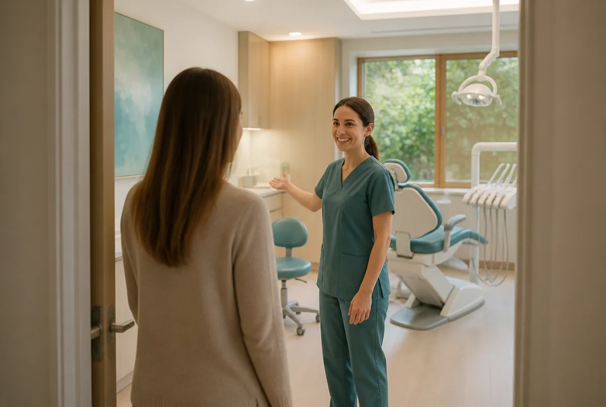 Illustrative scene: an elegant private dental clinic with a dentist welcoming a patient into a modern treatment room