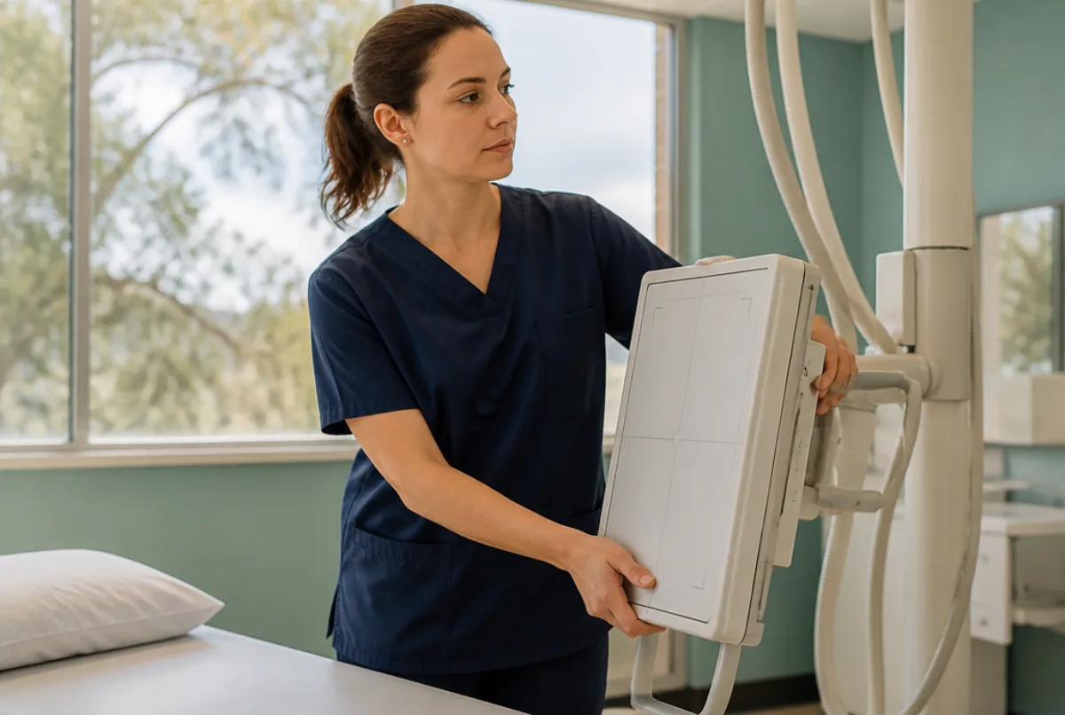 Illustrative scene: a radiographer in navy scrubs adjusting an X-ray detector in a bright modern Australian hospital imaging room with eucalyptus trees outside the window