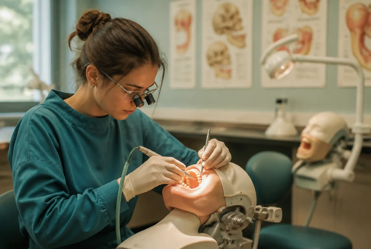 Illustrative scene: a dental student in a university clinical skills lab working on a phantom head, roadmap-like posters on the wall