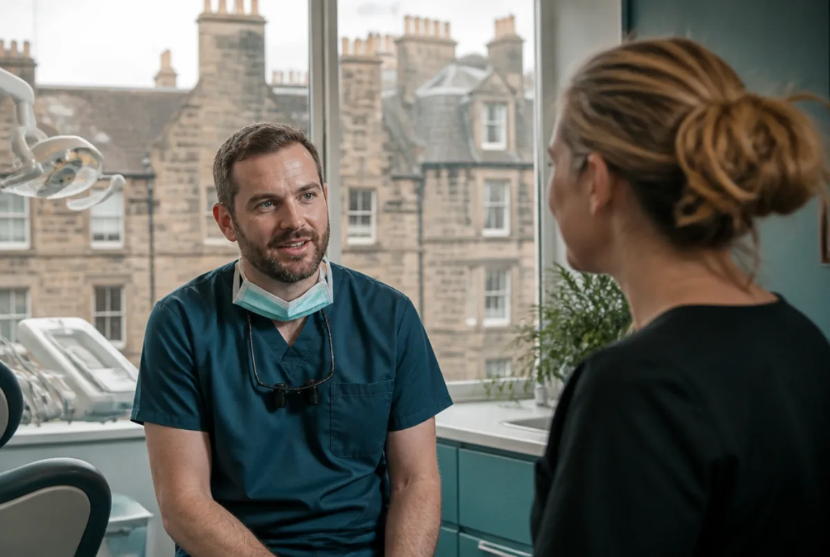 Illustrative scene: a dentist in a Scottish city practice with Edinburgh-style stone buildings visible through the window, chatting with a colleague