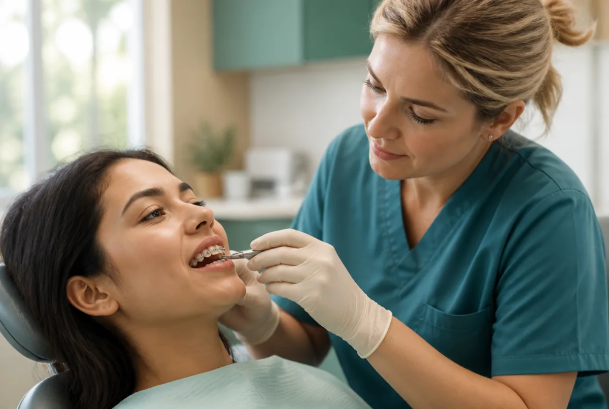 Illustrative scene: an orthodontic therapist adjusting a patient's braces with fine pliers, bright orthodontic clinic