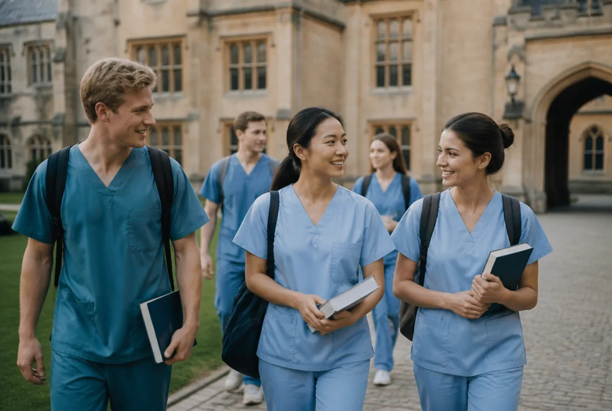Illustrative scene: dental and dental nursing students walking together across a historic British university campus carrying textbooks