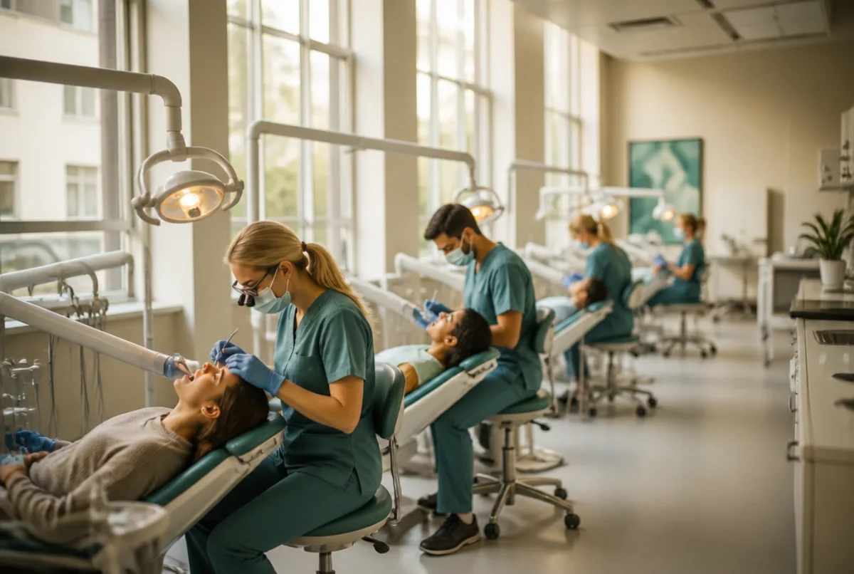 Illustrative scene: a large NHS dental hospital teaching clinic with several dental chairs and staff in a row, contrasted with daylight