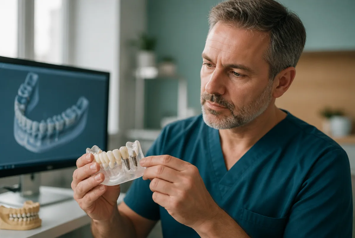 Illustrative scene: a dentist examining a 3D model of a dental implant beside a screen showing a digital jaw scan
