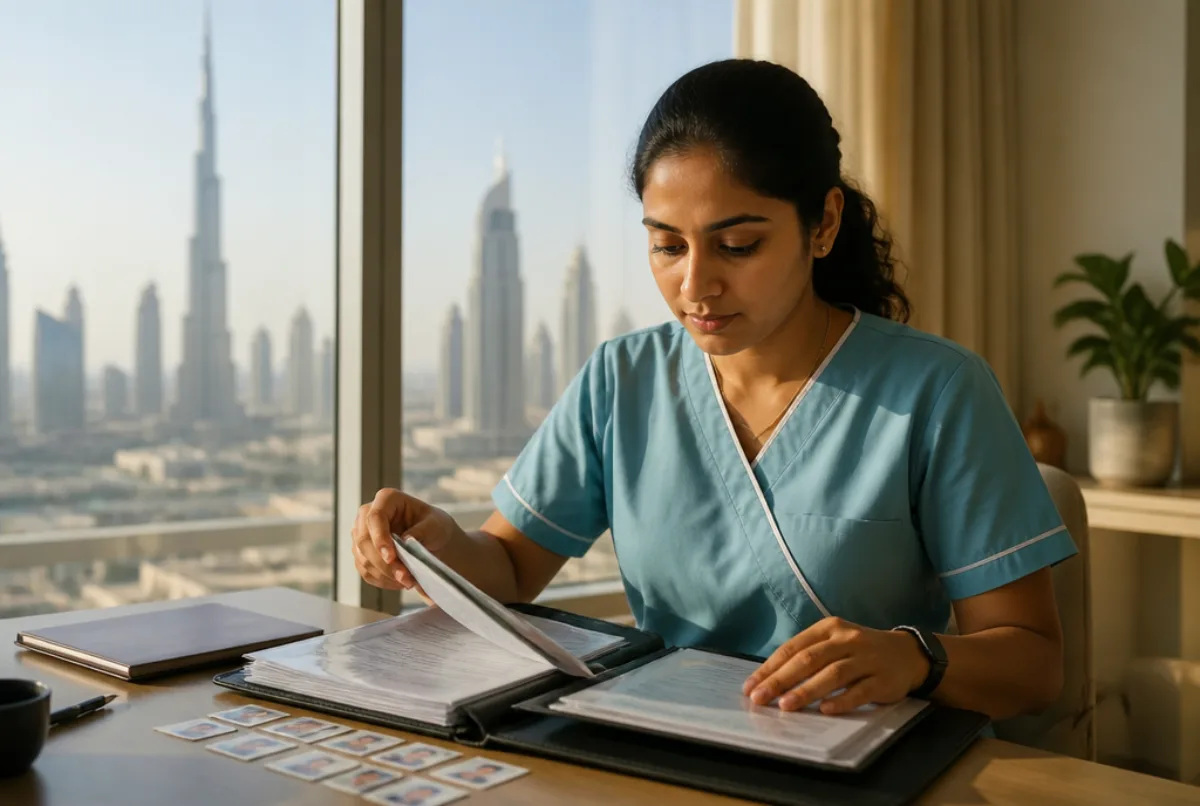 Illustrative scene: an Indian female nurse organising a folder of certificates and passport-sized photos on a desk in a sunlit Dubai apartment with the skyline softly blurred behind