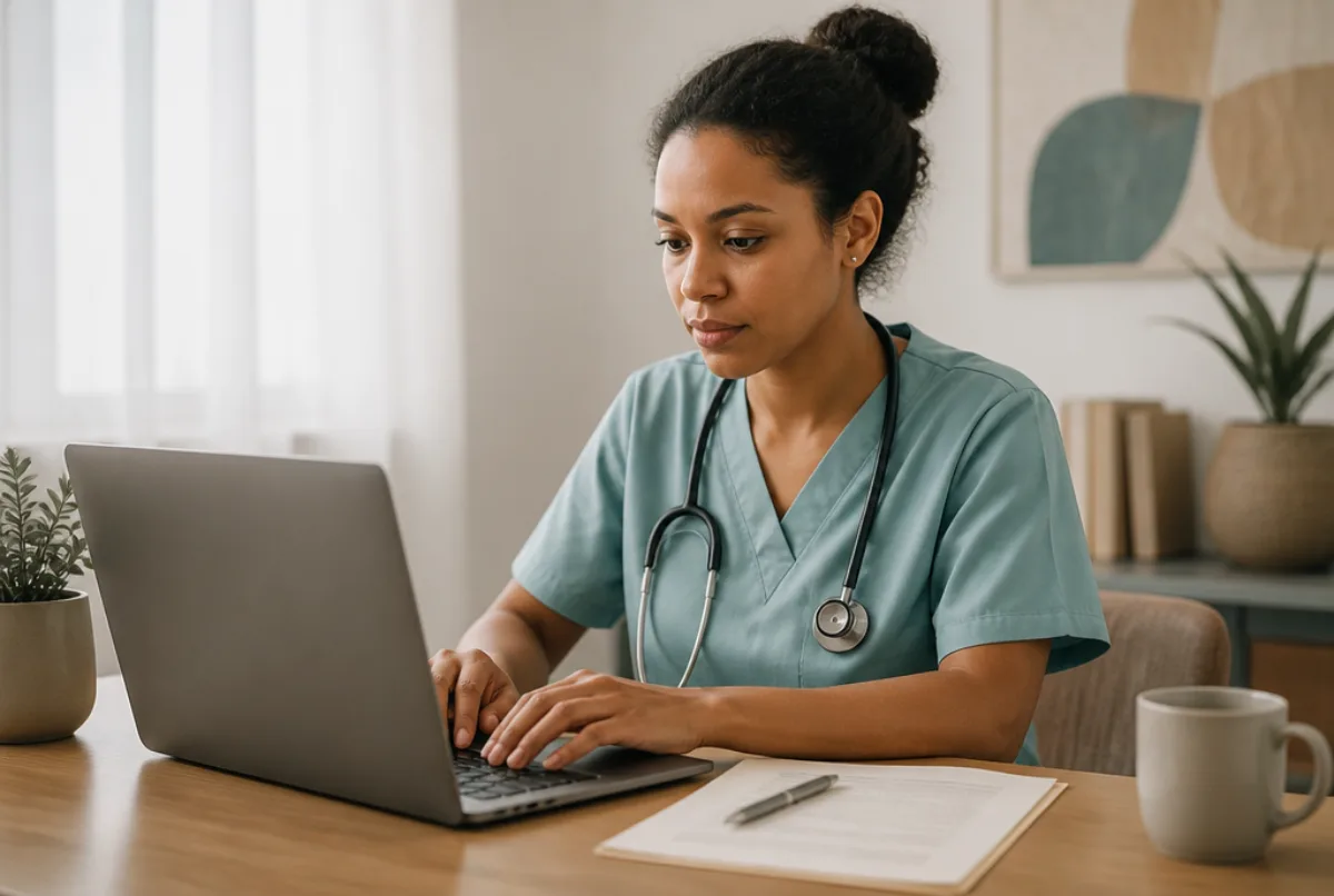 Illustrative scene: a nurse seated at a desk completing a visa application online with a sponsorship letter beside the laptop
